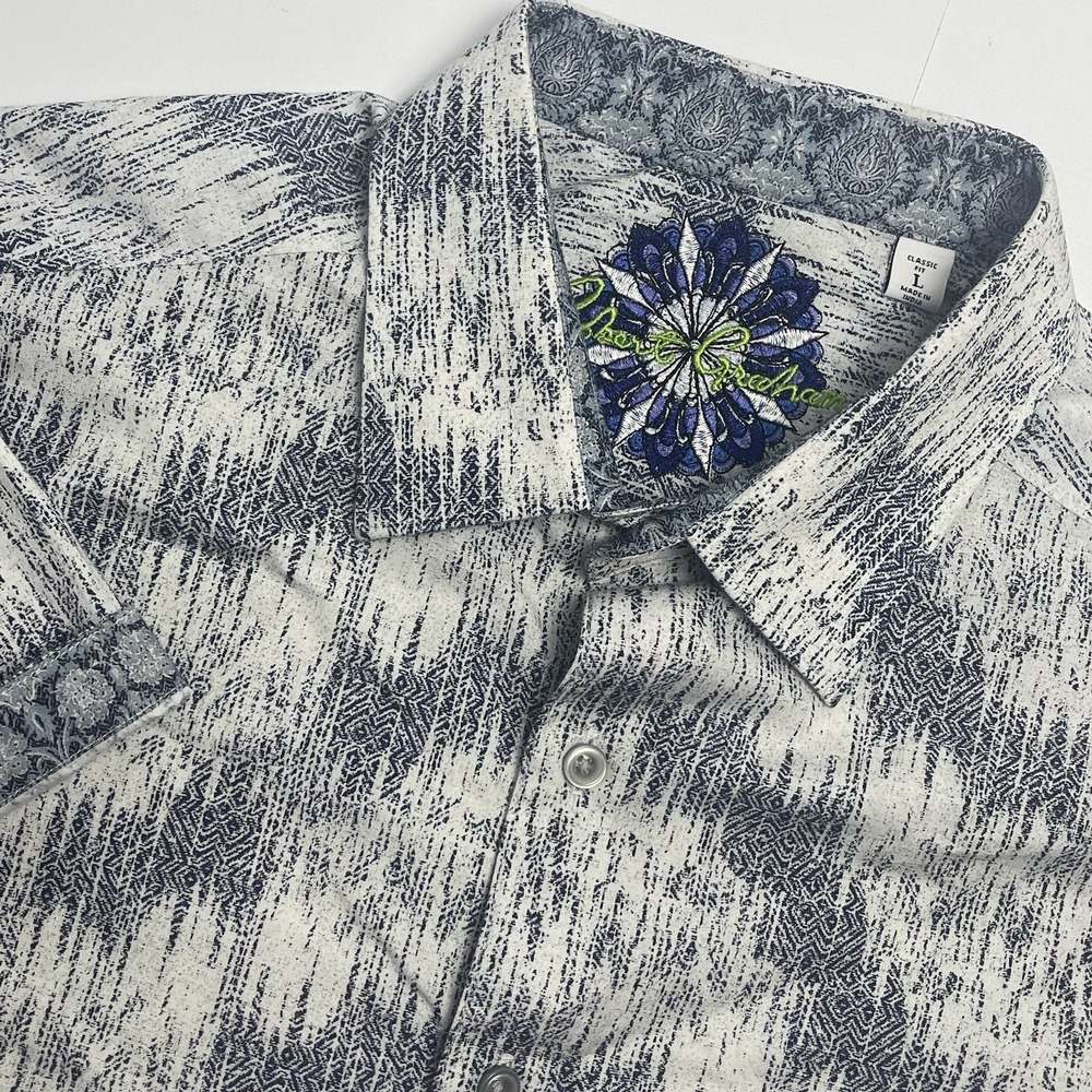 Robert Graham Mens Large‎ Blue White Wave Geometric Short Sleeve Button Up